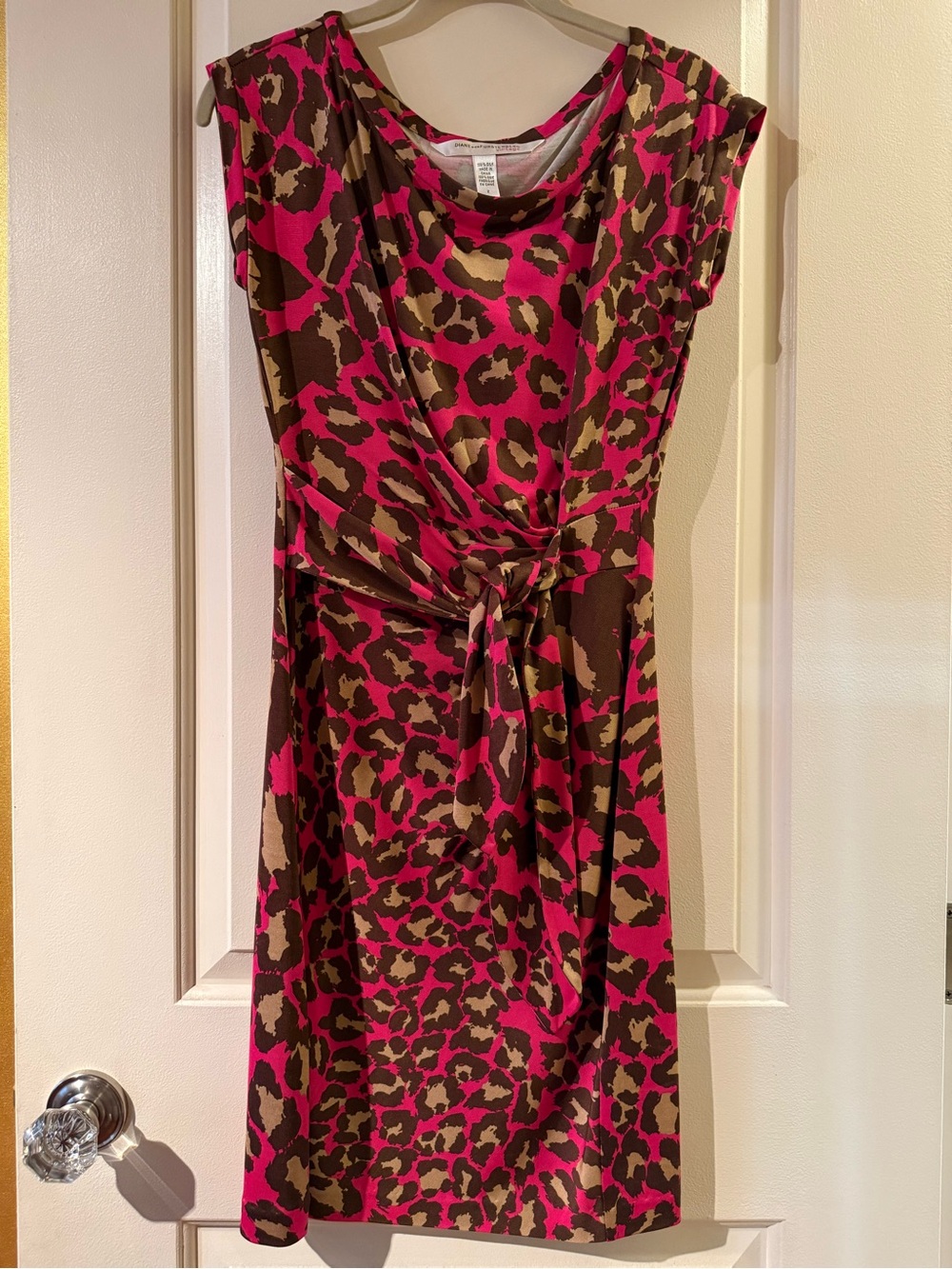Diane Von Furstenberg Hot Pink and Brown Leopard-Print Knot-Waist Midi Dress